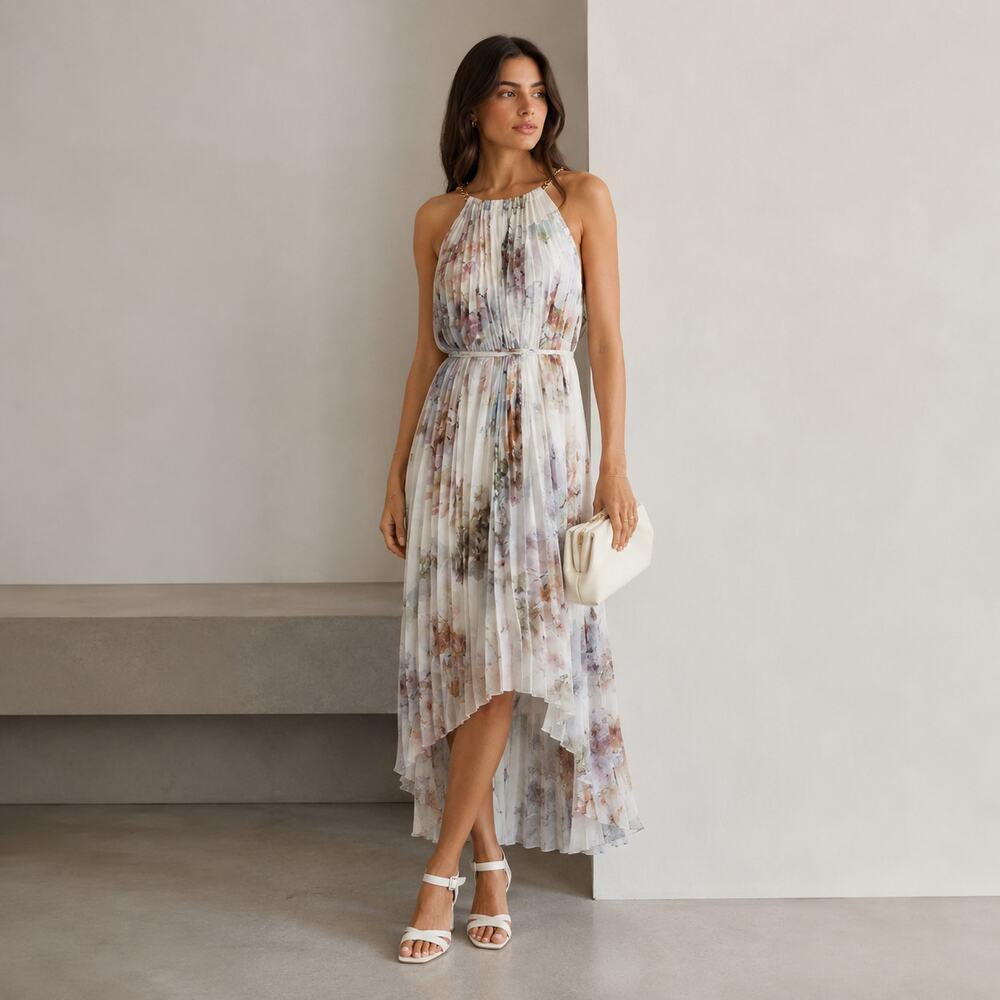 Ted Baker Ammaria Sleeveless Pleated High/Low Dress Womens XS/S Floral Midi